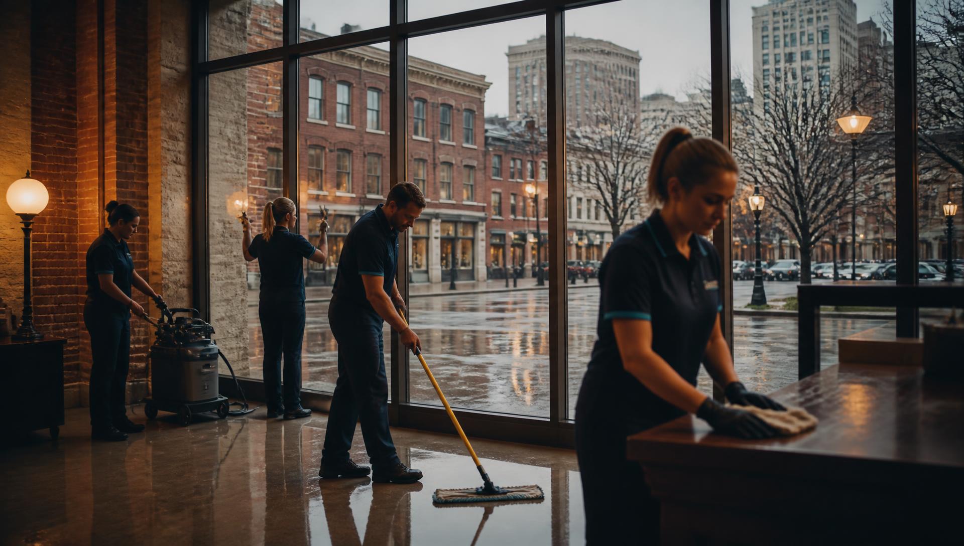 Clean Standard WNY team servicing the lobby of a historic brick commercial building on a rainy Western New York evening