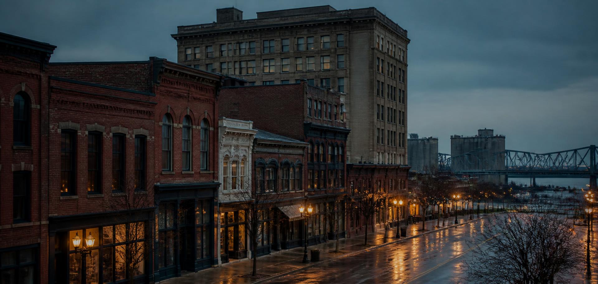 Restored brick commercial buildings, older stone offices, grain elevators and a steel truss bridge in the Buffalo–Niagara region at dusk