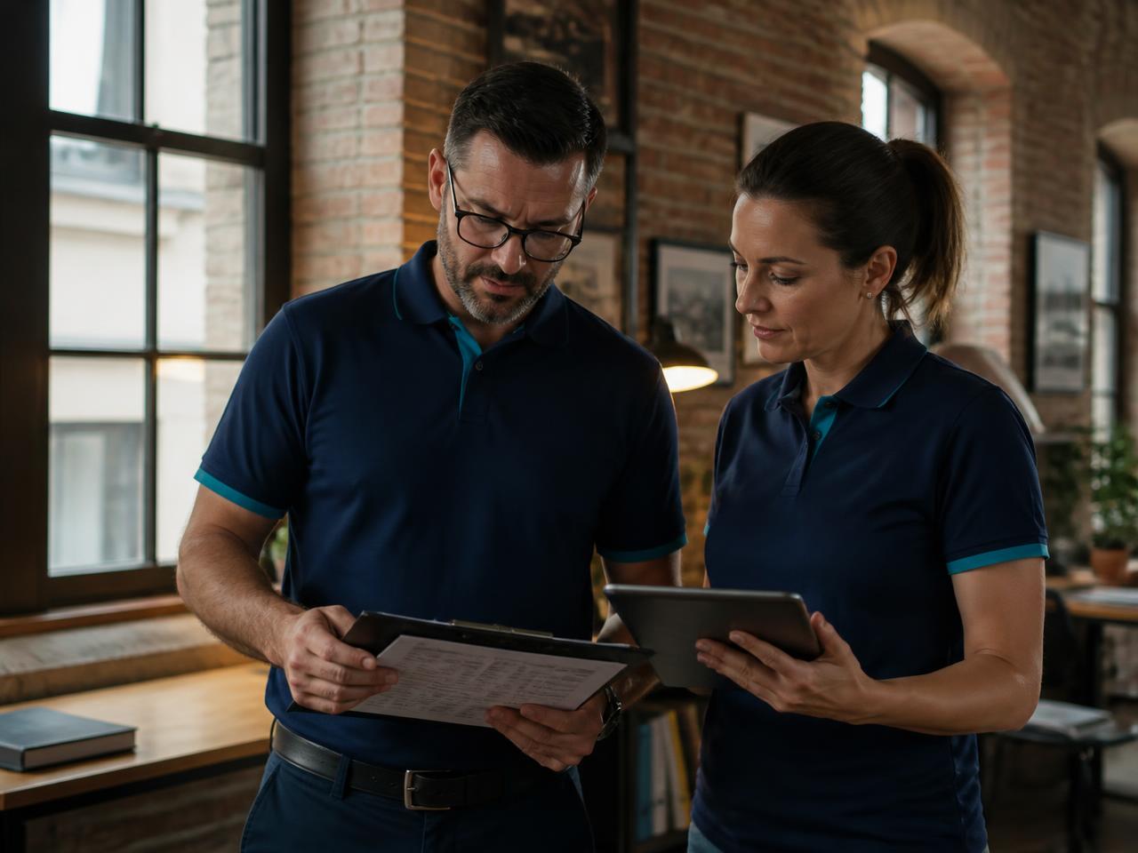 Two Clean Standard supervisors reviewing a printed scope of work in a historic brick Buffalo office