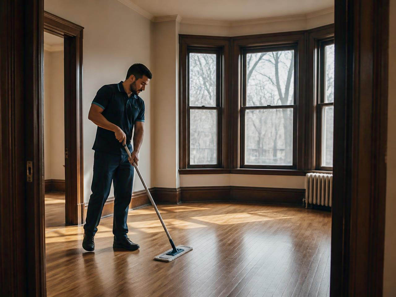 Technician finishing a vacant Western New York apartment turnover with hardwood floors and a bay window