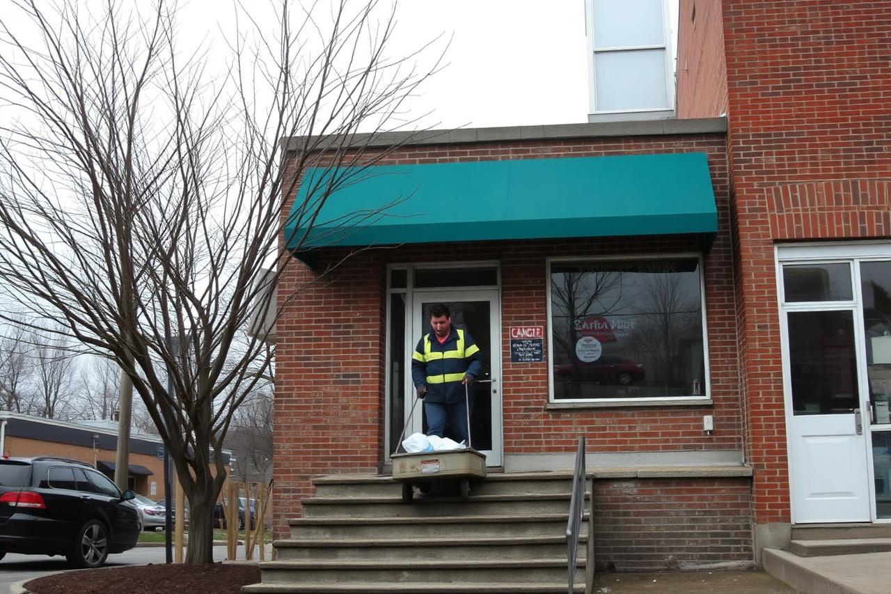 Cleaning crew member carrying supplies into a small brick main-street commercial building in Niagara County