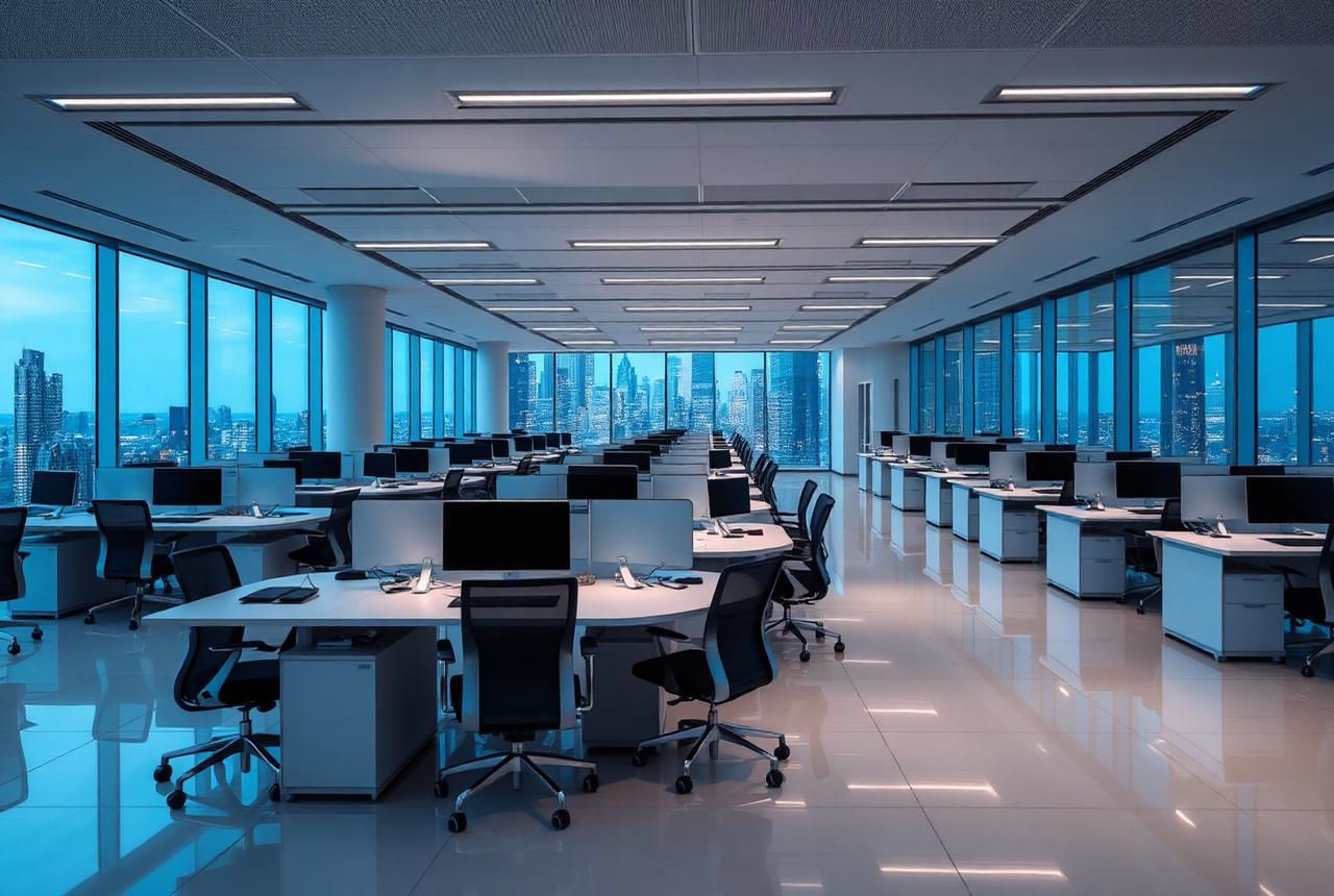 Open-plan office cleaned after hours with polished floors and clear desks