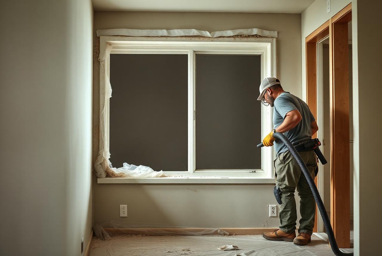 Cleaning technician removing drywall dust from a window sill in a newly built room