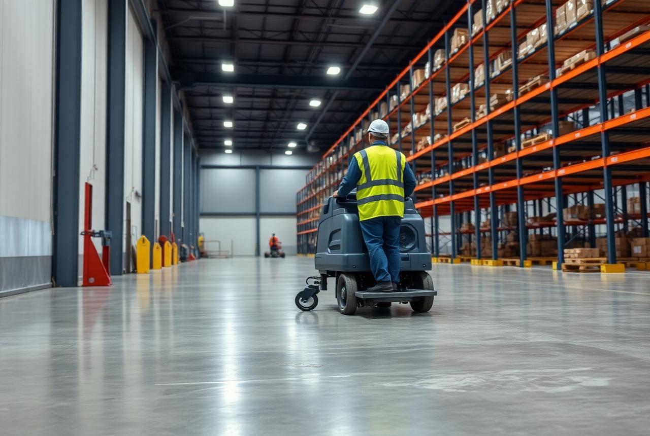Ride-on floor scrubber polishing sealed concrete in a clean warehouse aisle