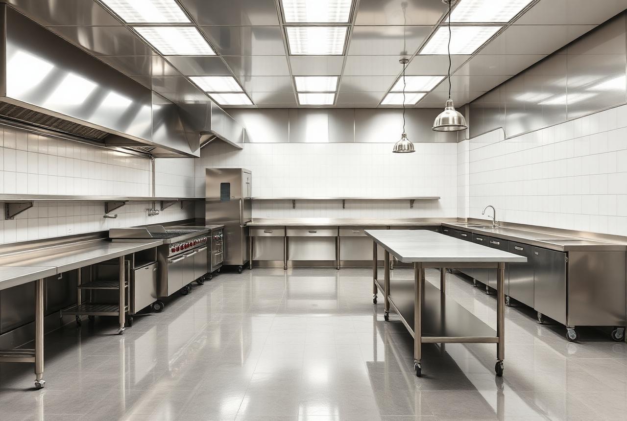 Stainless steel commercial kitchen after a full deep clean