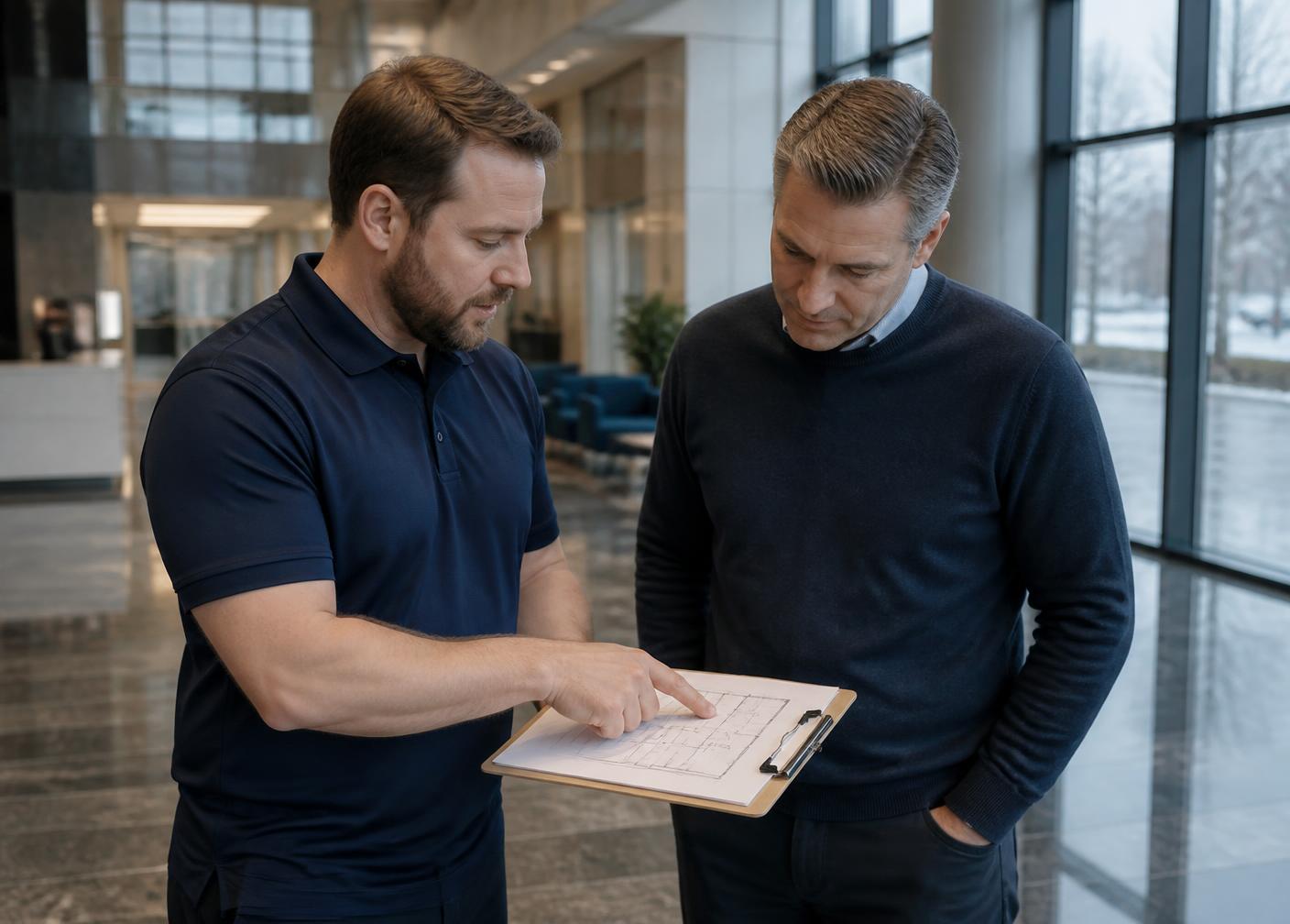 A Clean Standard WNY coordinator reviewing a building floor plan with a facility manager in an office lobby
