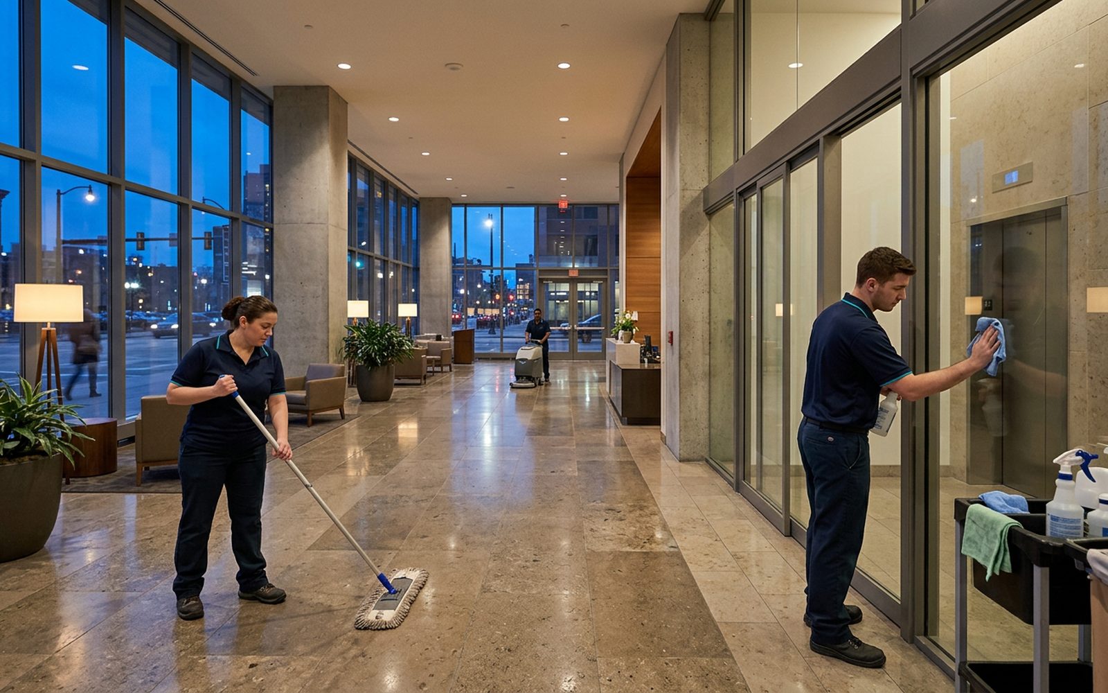 Cleaning crew servicing a polished office lobby at dusk with a floor machine working in the background