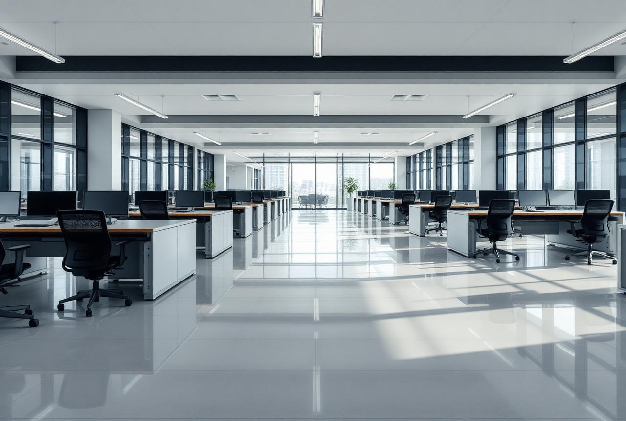 Modern open-plan office cleaned after hours with polished floors and clear desks