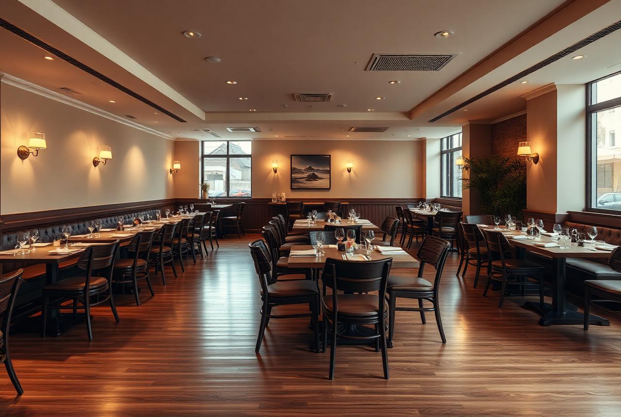 Restaurant dining room reset with clean tables and wood flooring before service
