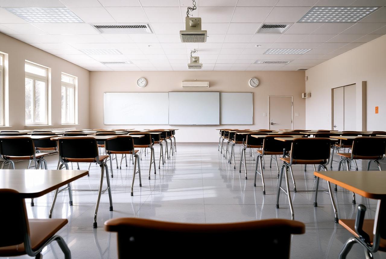 Empty classroom with clean desks, whiteboard and freshly maintained tile flooring