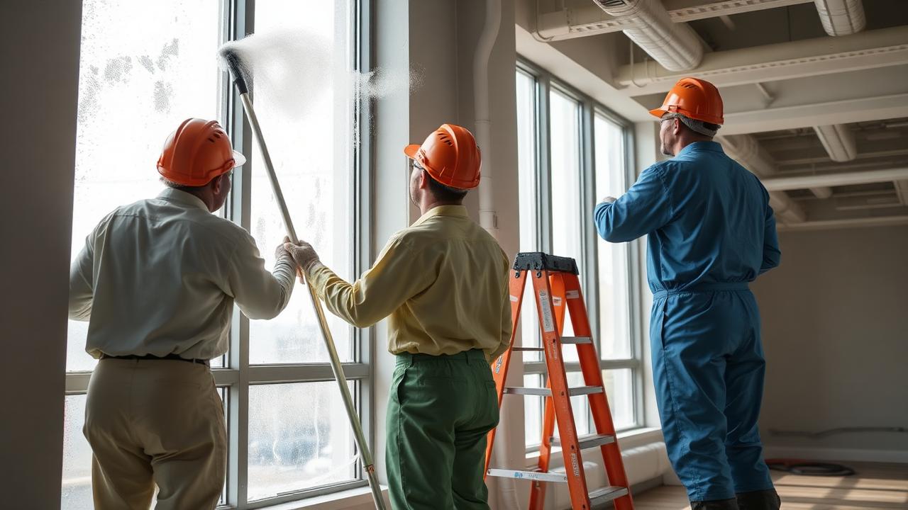 Cleaning crew in hard hats detailing windows in a newly finished commercial interior