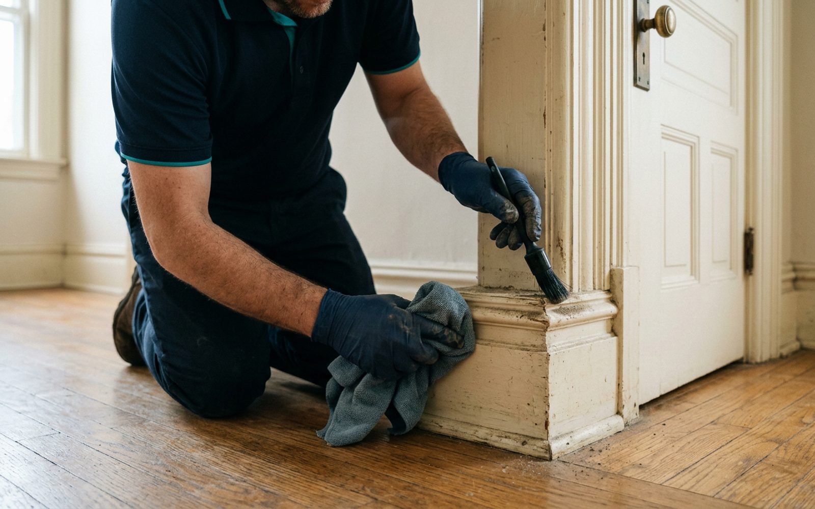 Cleaning professional detail-cleaning a baseboard and door casing