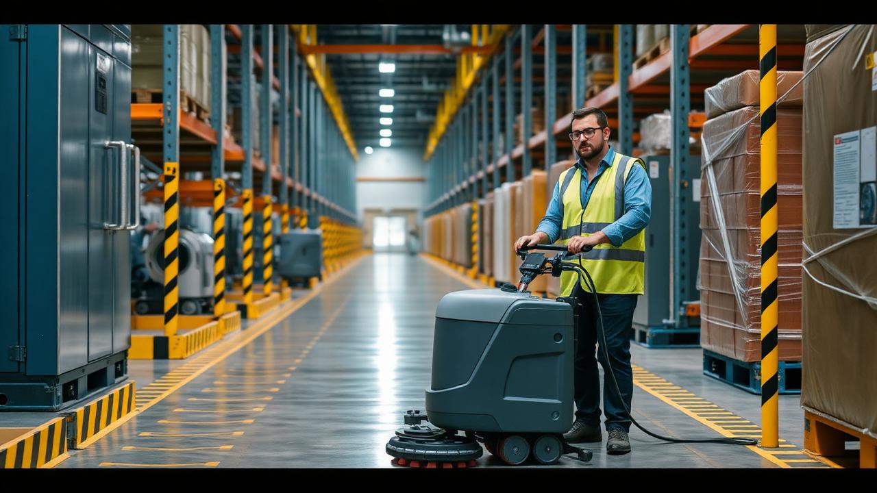 Technician in a high-visibility vest operating a floor scrubber in a warehouse aisle