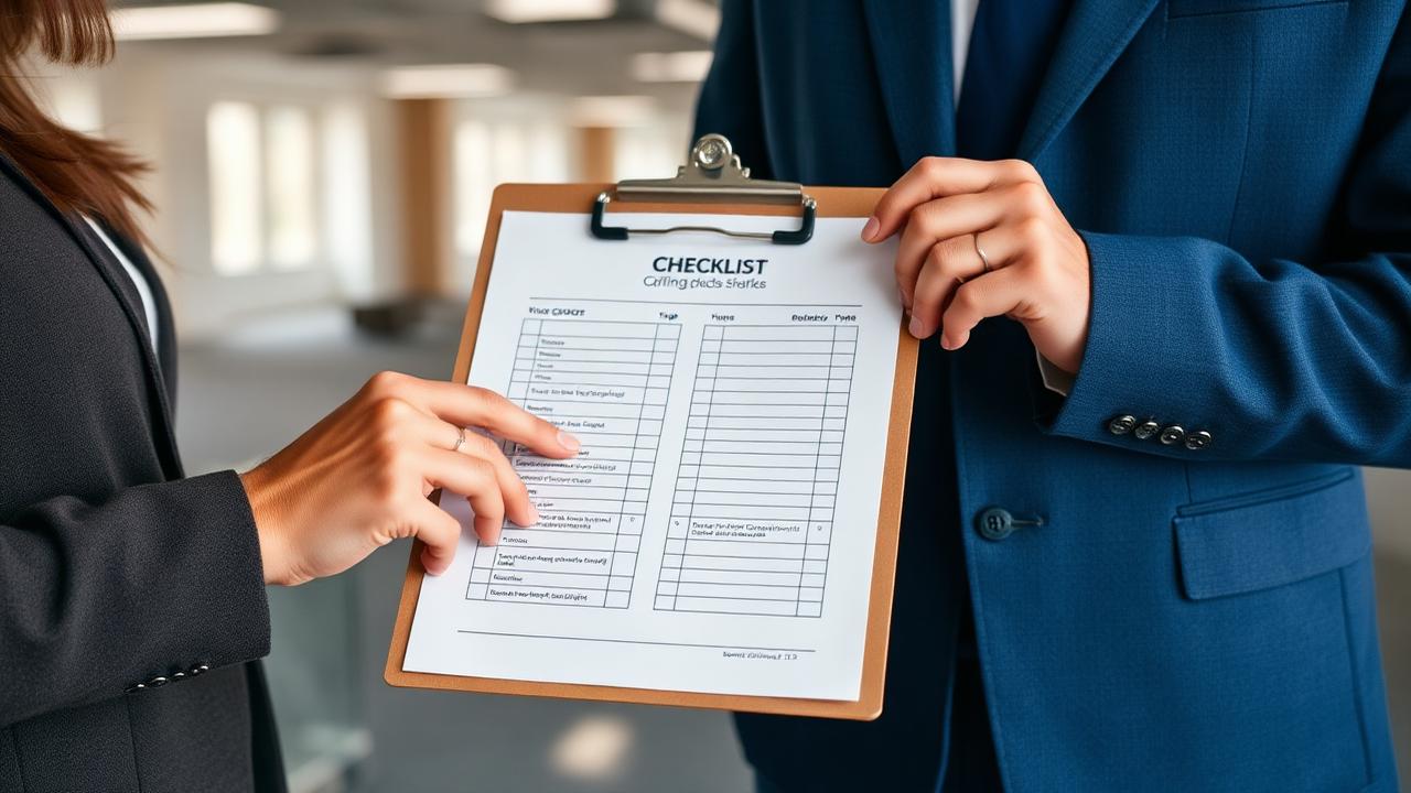 Two people reviewing a cleaning checklist on a clipboard in an empty office suite