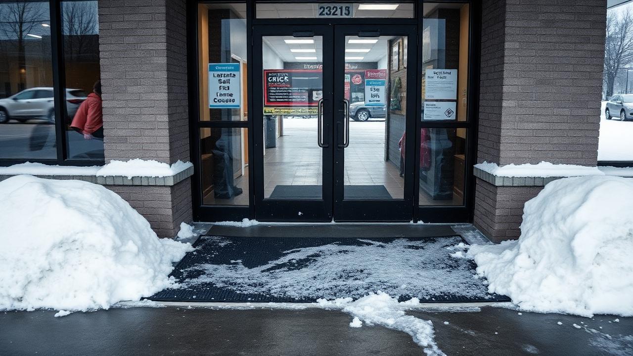 Snow-lined commercial entrance with salt residue across entry matting